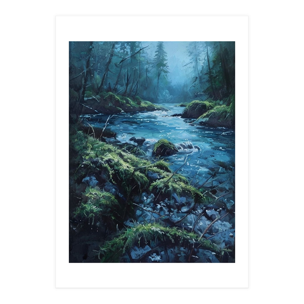 The Cerulean Current: A Whispering Flow Through the Moss (Print Only)