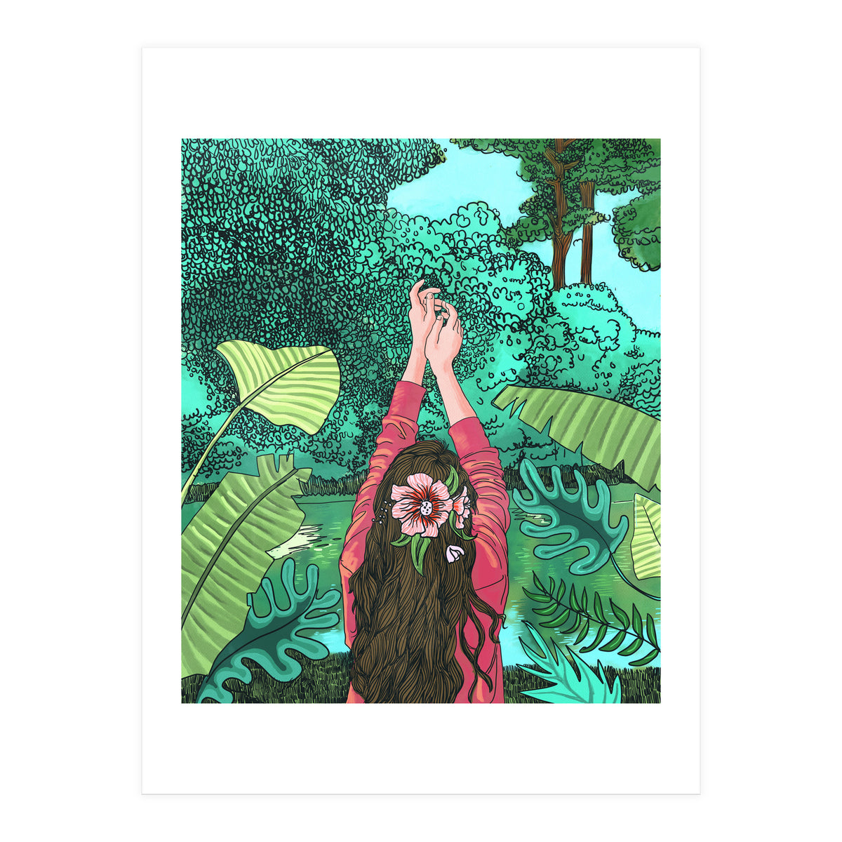 Comic Book Jungle | Tropical Banana Leaves Travel | Line Art Forest Botanical Illustration (Print Only)