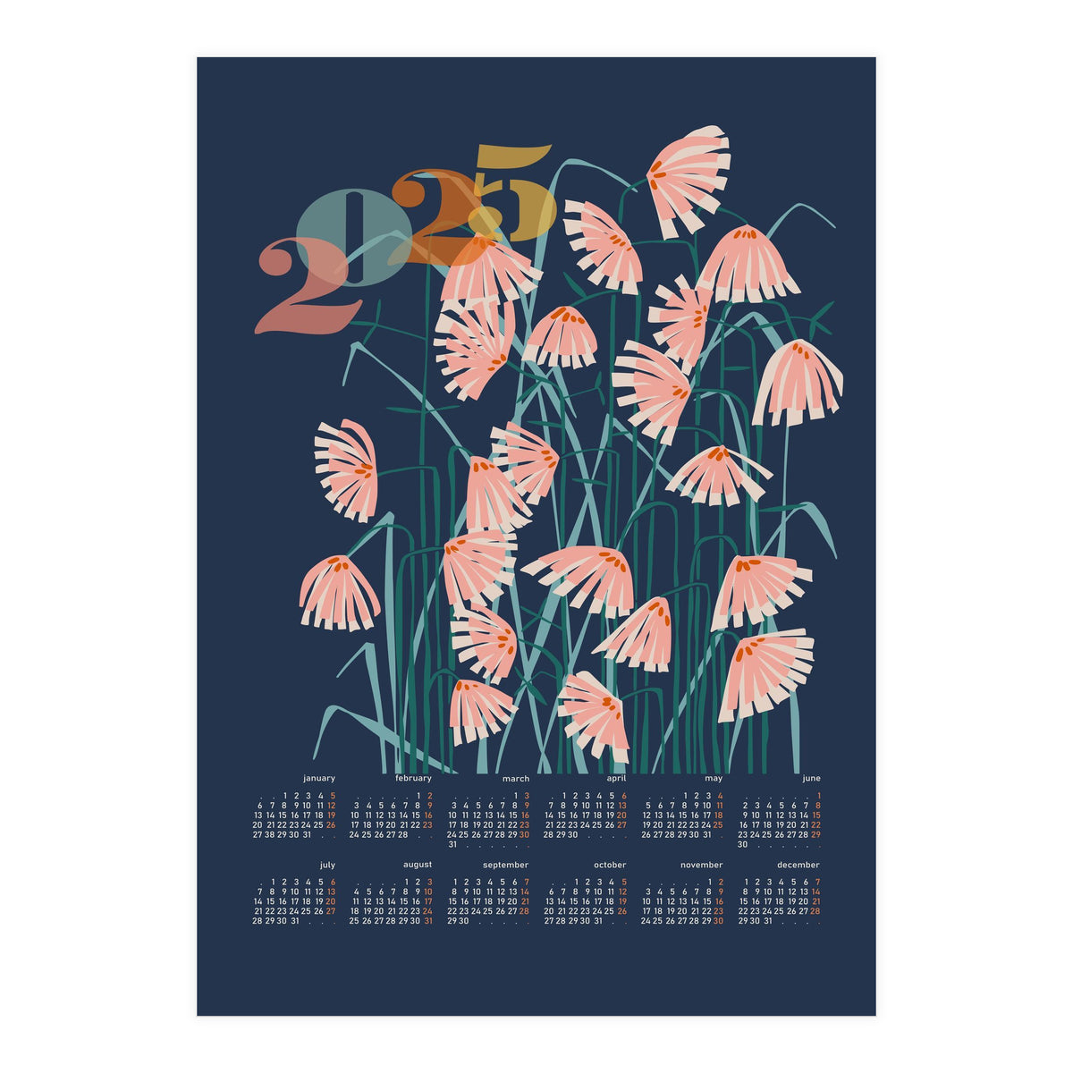 calendar 2025 Linocut flowers blue (Print Only)
