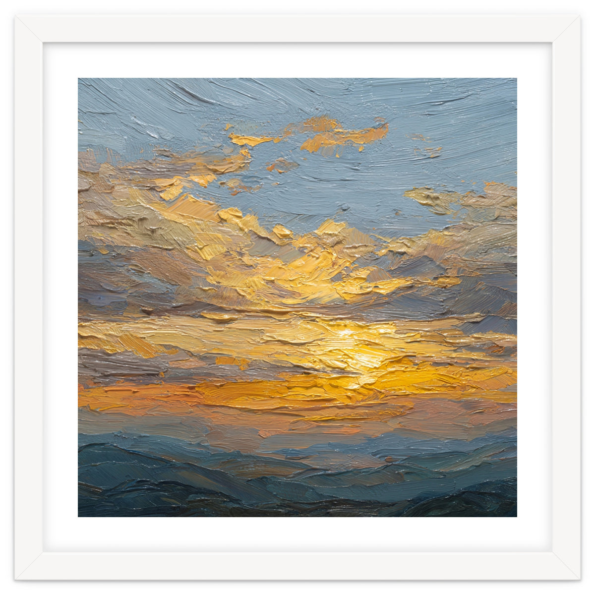 Atmospheric Golden Sunset Impasto Oil Painting Featuring Textured Clouds