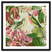 Exotic Lush Rainforest With Colorful Parrots And Flowers