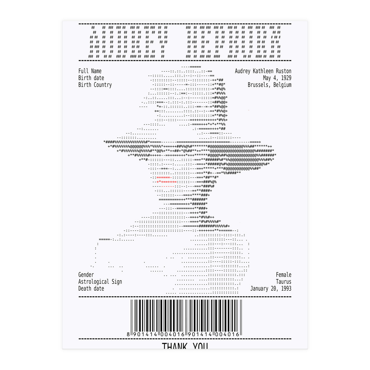 Receipt Art Audrey Hepburn (Print Only)
