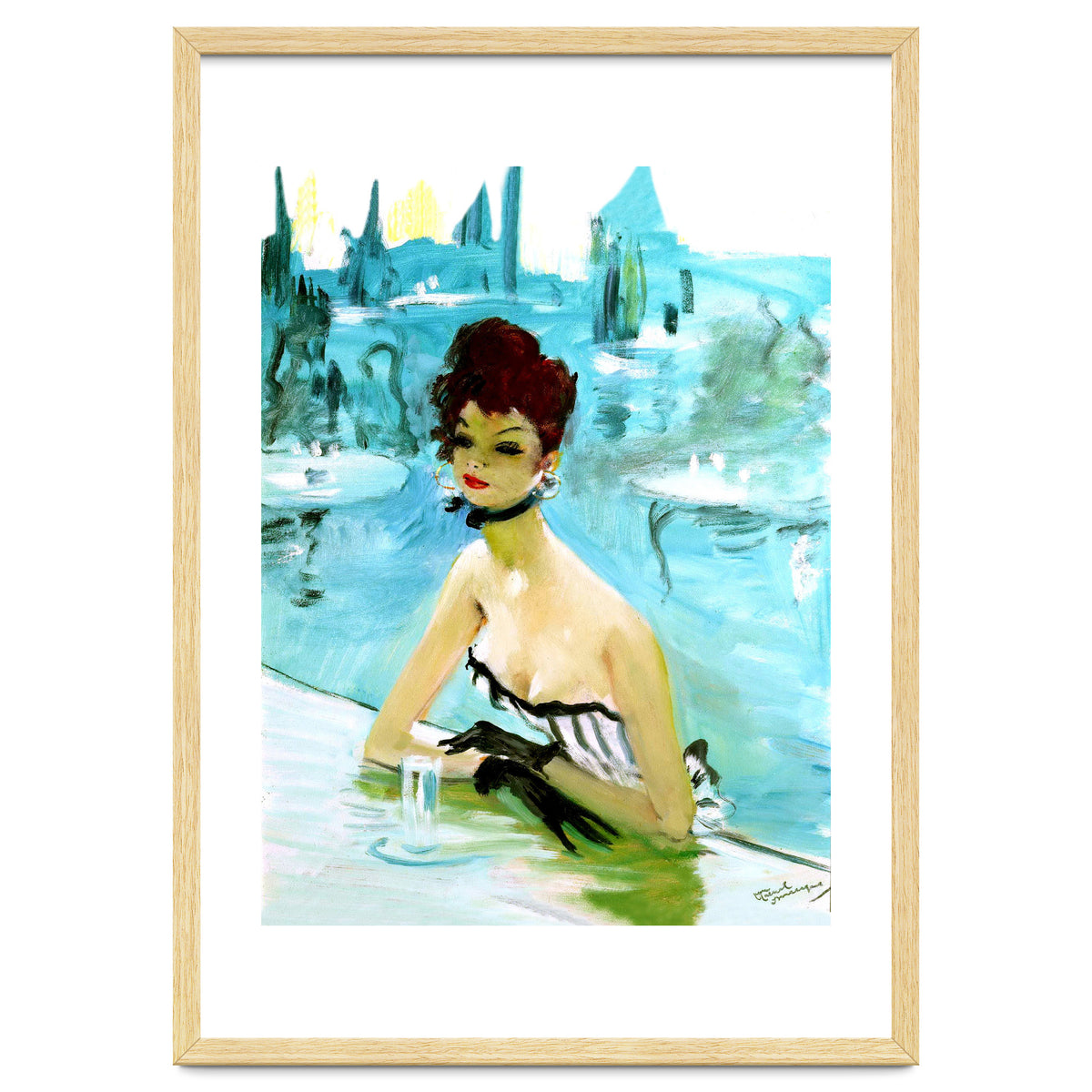 Pinup Girl In Cafe, Watercolor Painting