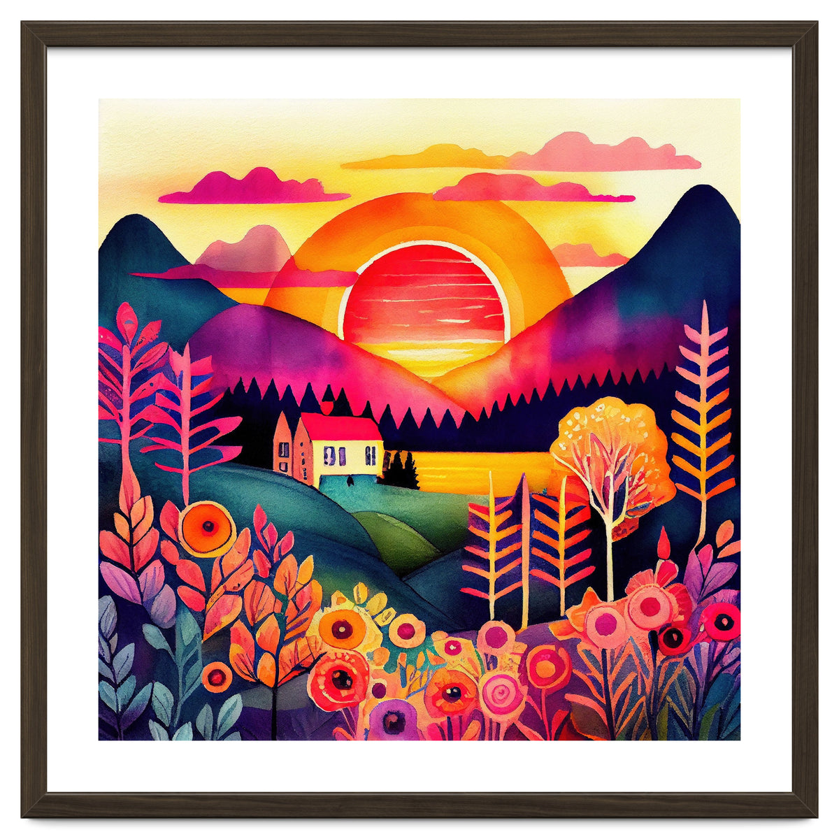 Folk Sunset Over Mountain Lake