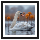White Swan Swimming In A Lake With Reeds thumbnail