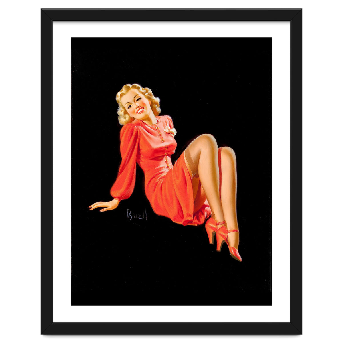 Smiling Pinup Woman Posing In Red Dress