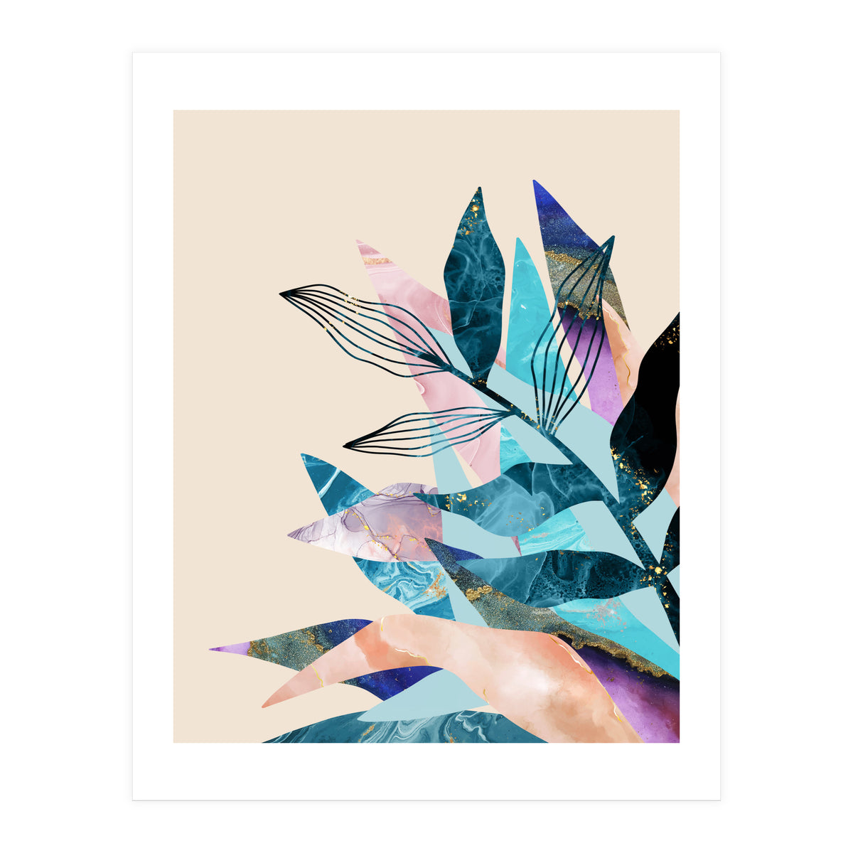 Marble Fantasy, Luxe Abstract Texture Botanical Concept, Eclectic Graphic Design Bohemian Contemporary (Print Only)