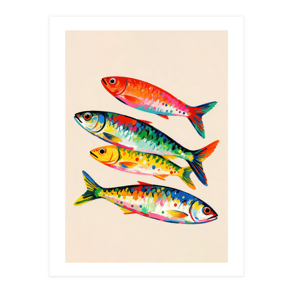 Colorful Sardines Fish Painting, Bright Coastal Wall Art Print for Beach House Sea Decor (Print Only)