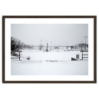 Baseball field covered in snow