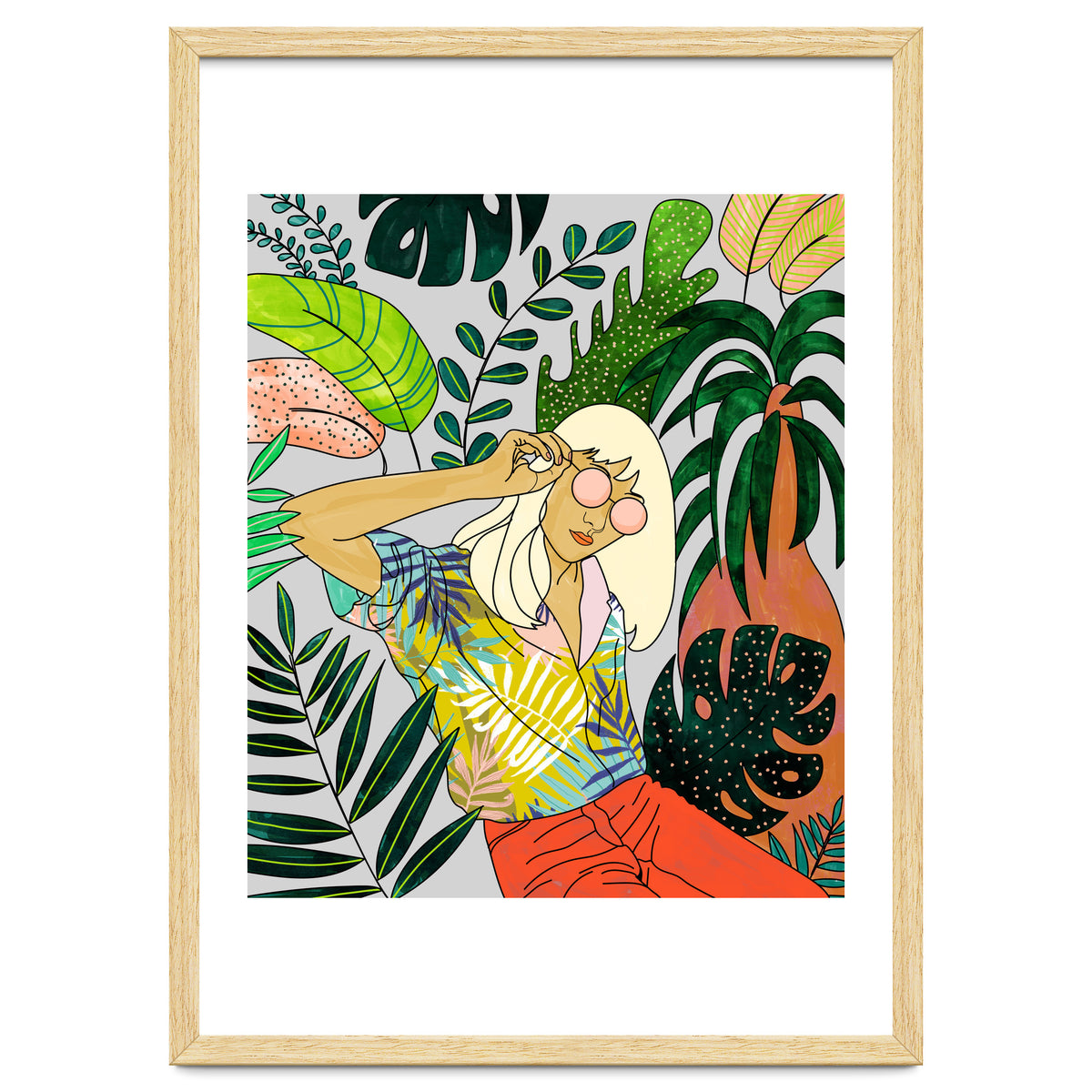 Spring Break, Tropical Bohemian Travel Line Art, Woman Fashion Palm Forest Jungle Watercolor Nature