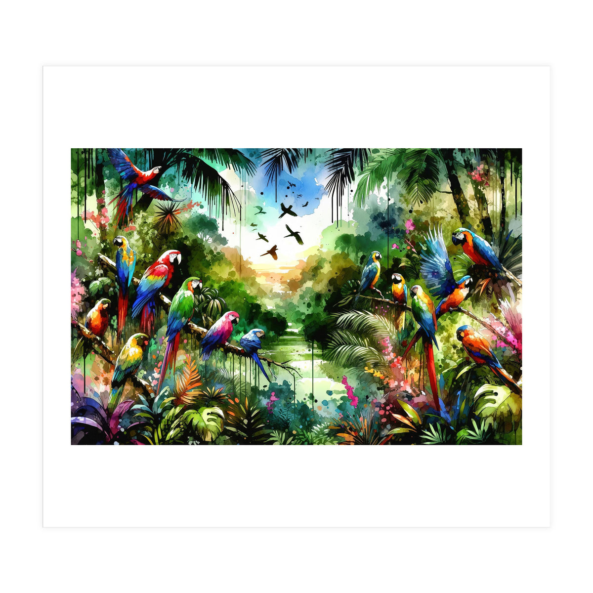 Watercolor Tropical Birds In The Jungle (Print Only)