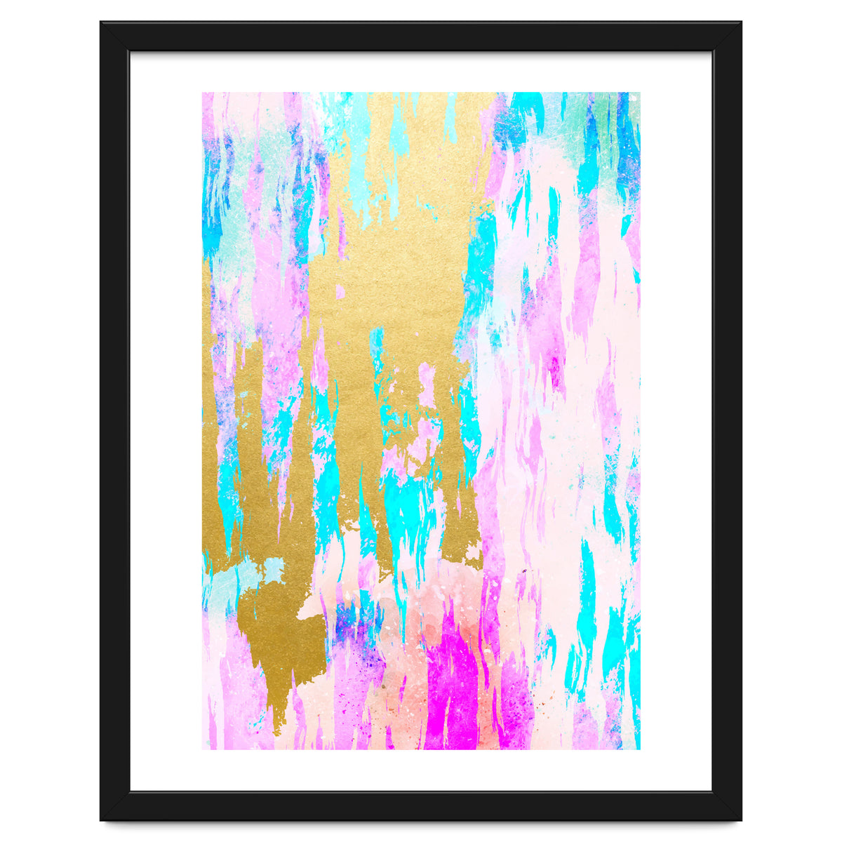 Meraki, Abstract Gold Painting, Colorful Graphic Design, Golden Pink Blue Eclectic Luxe Illustration