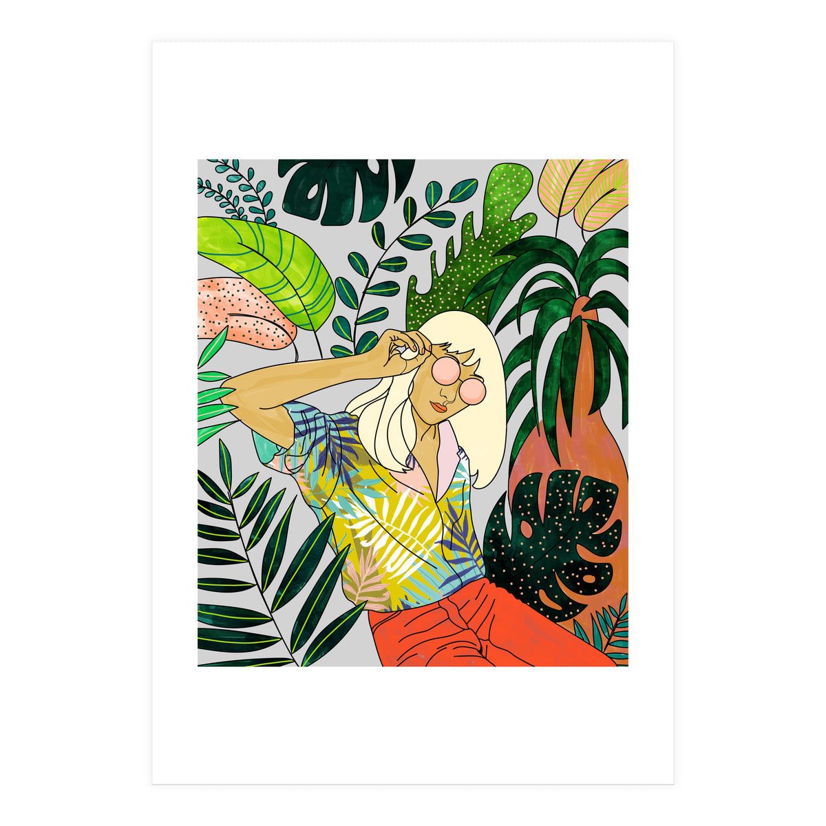 Spring Break, Tropical Bohemian Travel Line Art, Woman Fashion Palm Forest Jungle Watercolor Nature (Print Only)