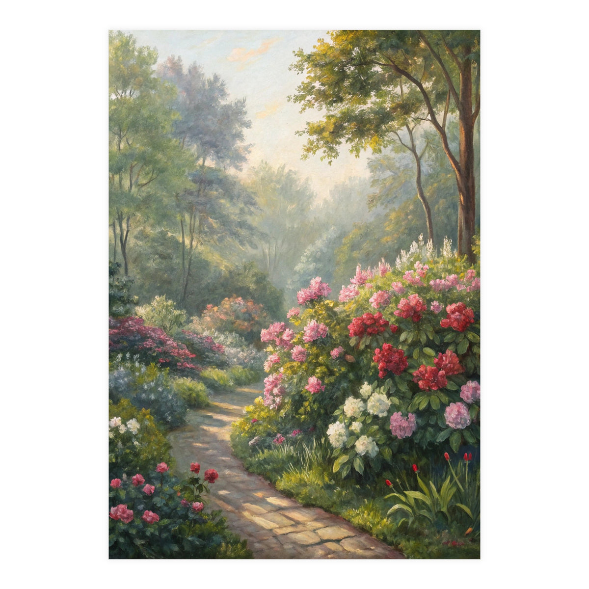 Sunlit Spring Garden Path Oil Painting (Print Only)