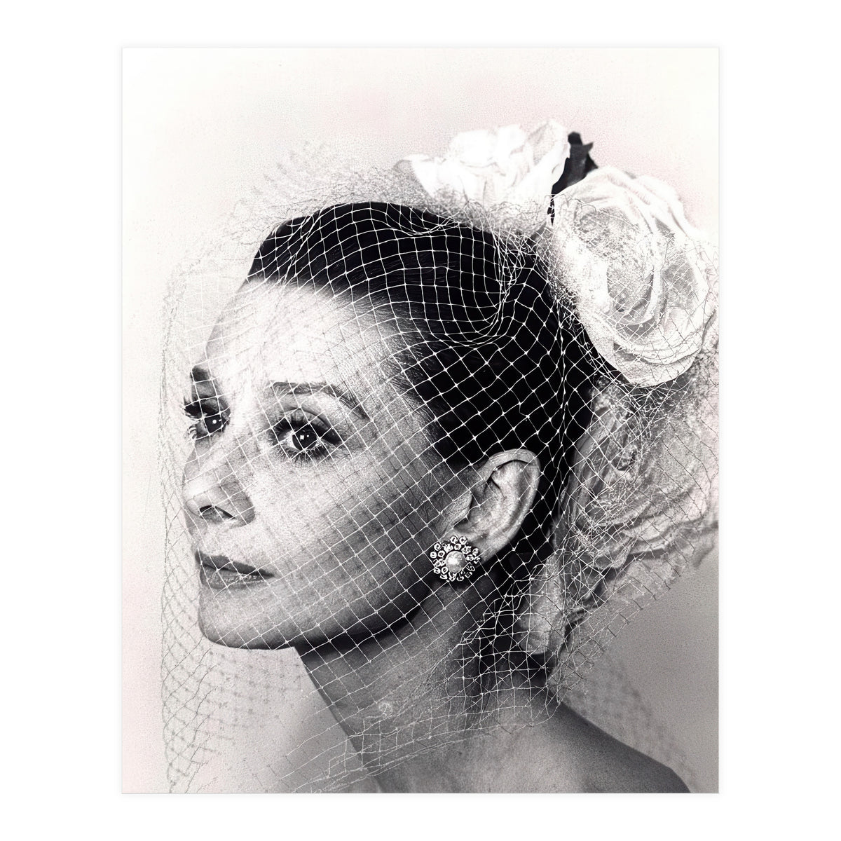 Audrey Hepburn with Veil, Classic Hollywood Glamour Photography, Black and White Icon Portrait (Print Only)