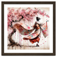 Geisha Under Cherry Blossoms In Motion