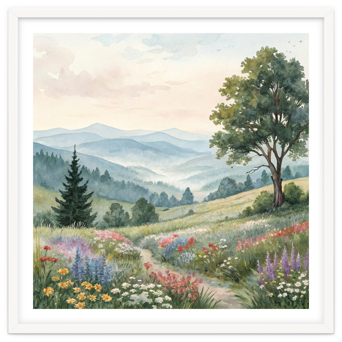 Serene Mountain Meadow Watercolor Landscape