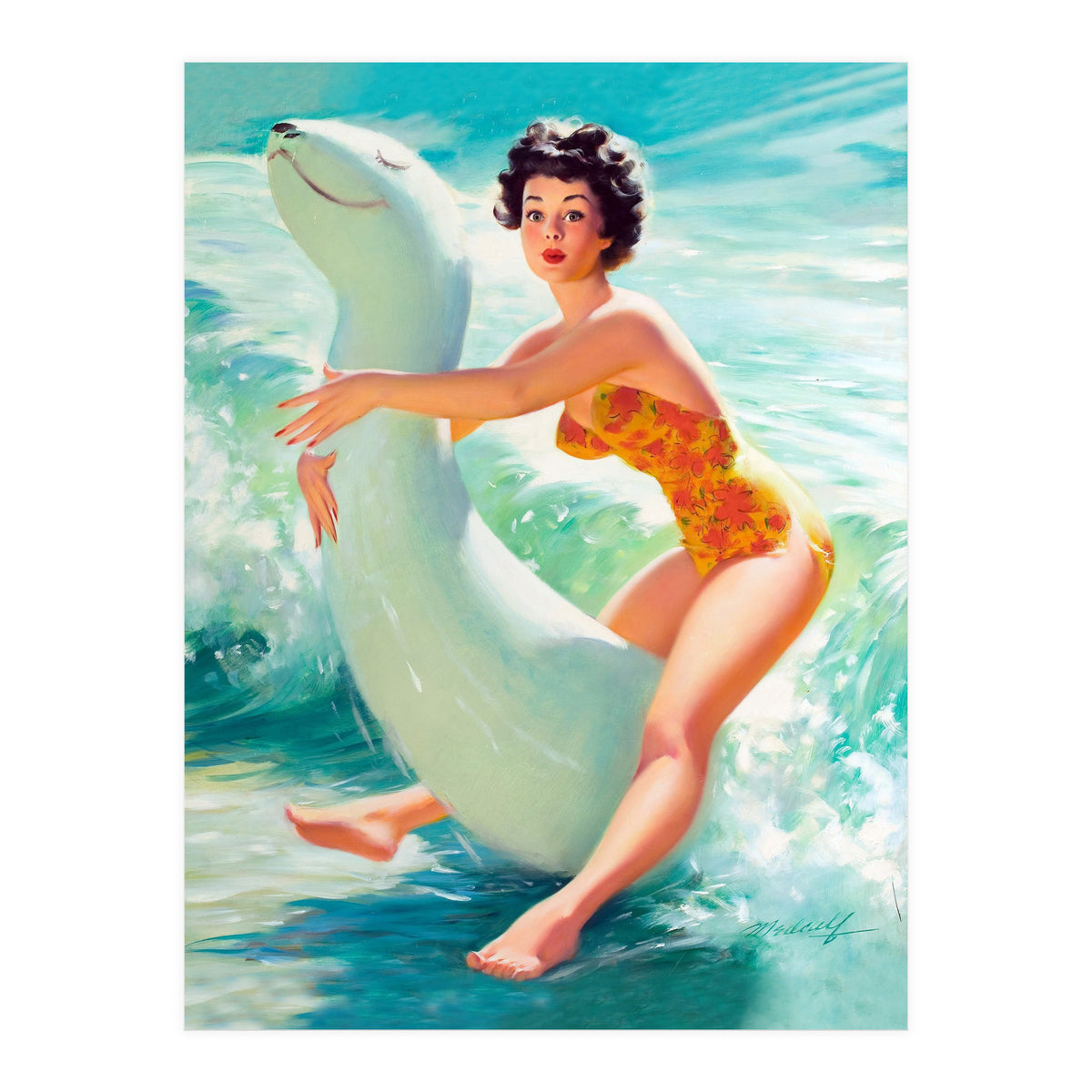 Happy Pinup Girl On The Beach Hugging Her Rubber Toy (Print Only)