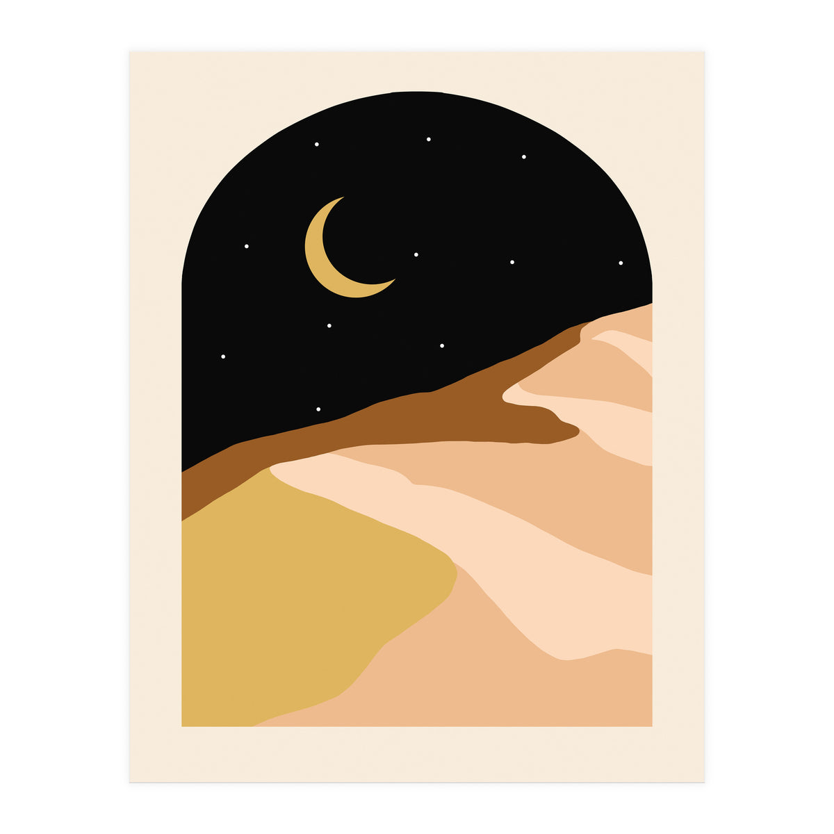 Desert Nights, Modern Bohemian Travel Sand Dunes, Eclectic Moon Stars Vintage Arc, Pastel Building Nature Landscape (Print Only)