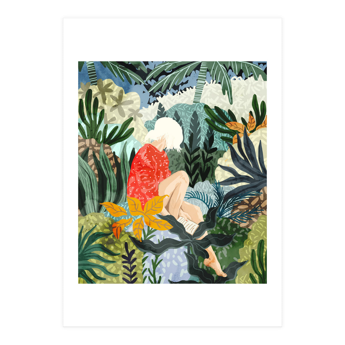 The Distracted Reader | Mindfulness Solo Travel | Bohemian Jungle Botanical Mood | Nature Book Lady (Print Only)