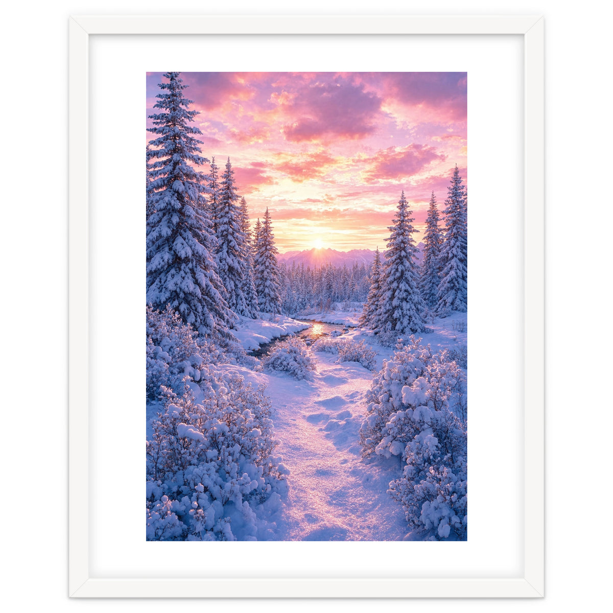 Winter Sunset Glow: Serene Snowy Forest and Frozen Creek