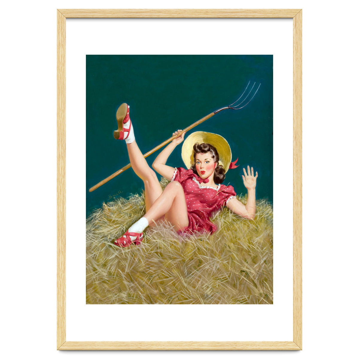 Pinup Sexy Girl Posing On A Hay With A Pitchfork
