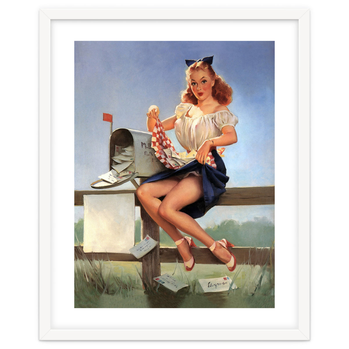 Countryside Pinup Girl Posing On A Fence With Love Letters And A Full Mailbox