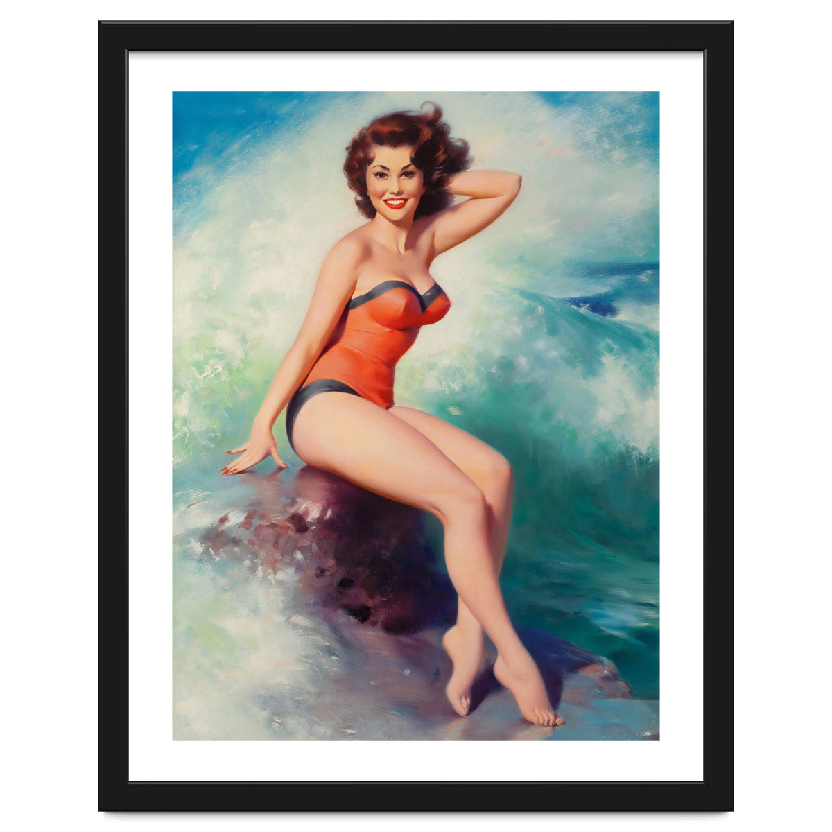 Pinup Girl Posing In Front Of Big Waves On The Beach
