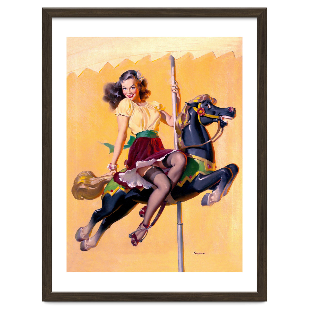 Pinup Sexy Girl Riding A Wooden Horse