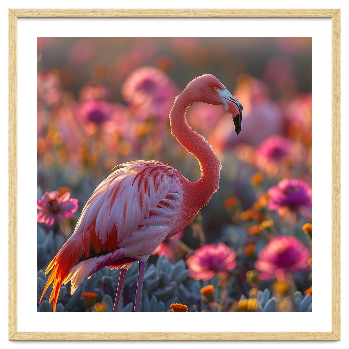 Pink Flamingo Standing In A Field Of Flowers
