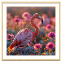 Pink Flamingo Standing In A Field Of Flowers