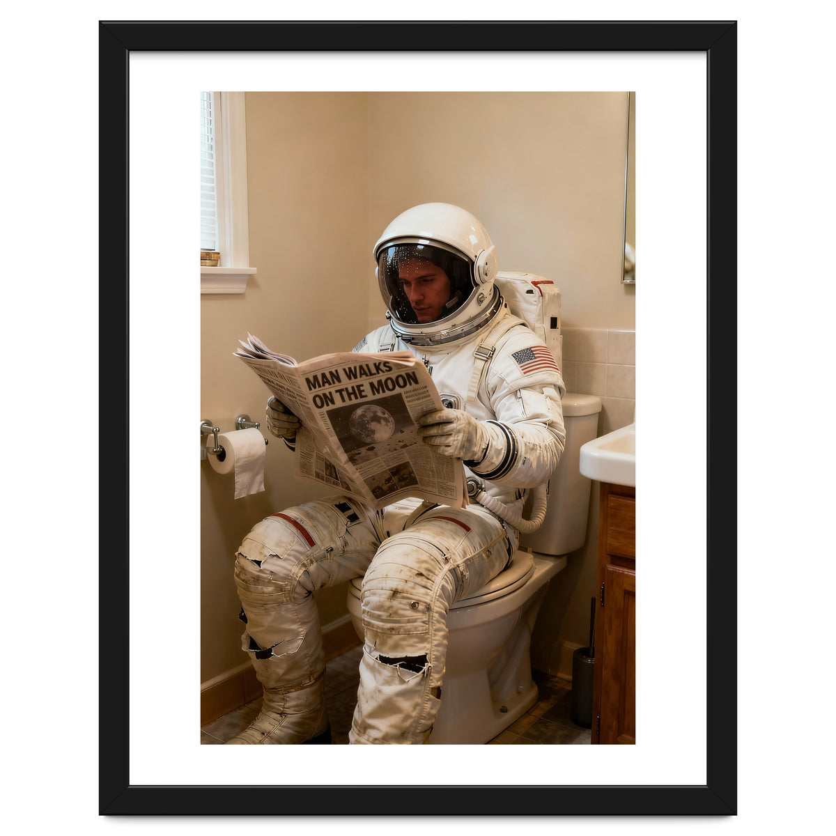 Retro AstronautReading Newspaper, Toilet Humor, Astronaut on Toilet