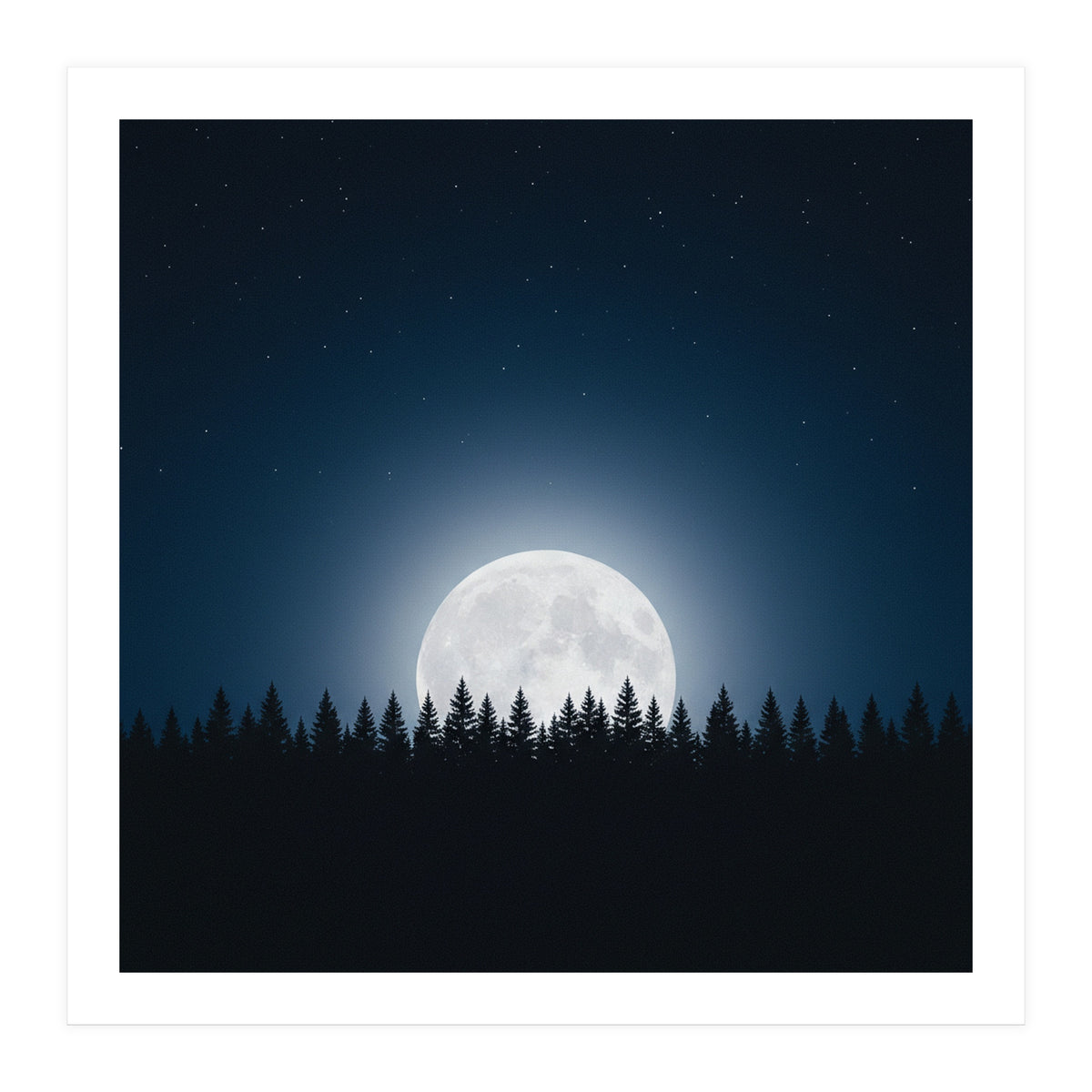 Midnight Serenity: Full Moon Over Forest Silhouettes (Print Only)