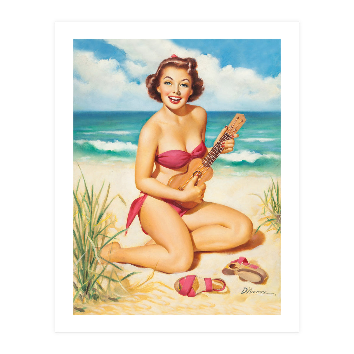 Pinup Girl Playing Ukulele On The Beach (Print Only)