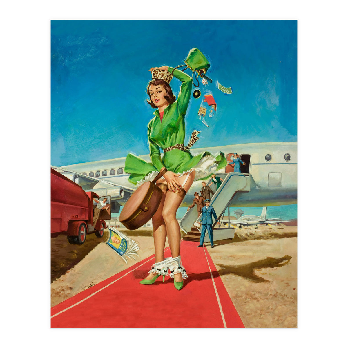 Sexy Pinup Brunette Experiencing Sudden Wind At The Airport (Print Only)