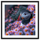 Puffin Bird Among Pink Flowers thumbnail