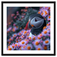 Puffin Bird Among Pink Flowers