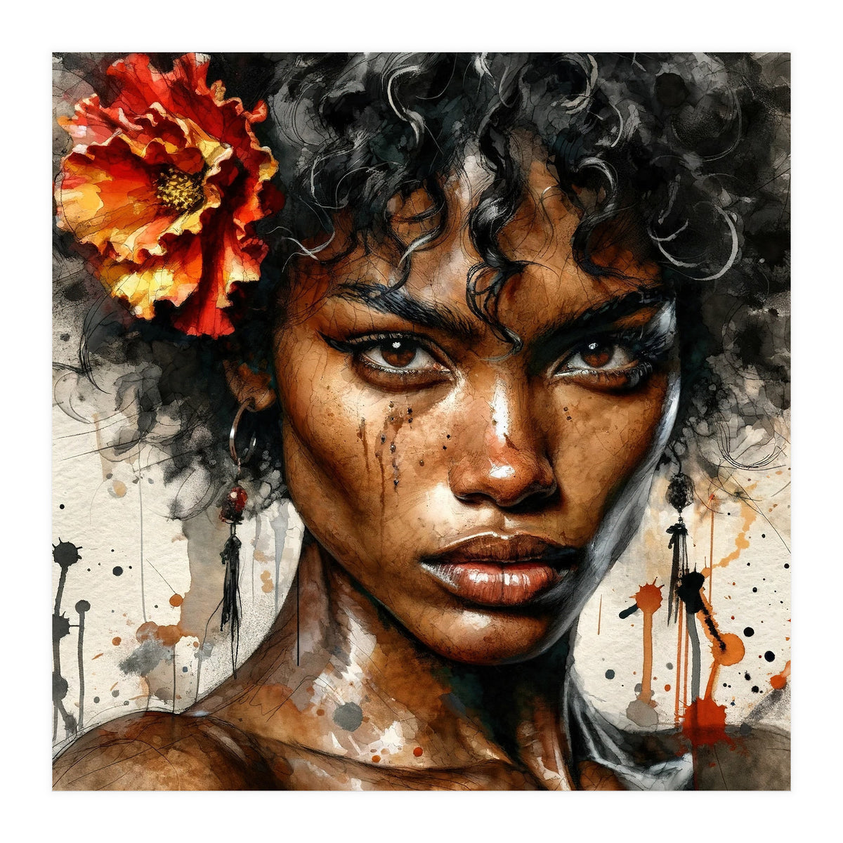 Watercolor Afro American Flamenco Dancer #1 (Print Only)