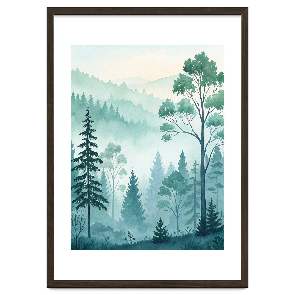 Ethereal Misty Pine Forest Watercolor Art