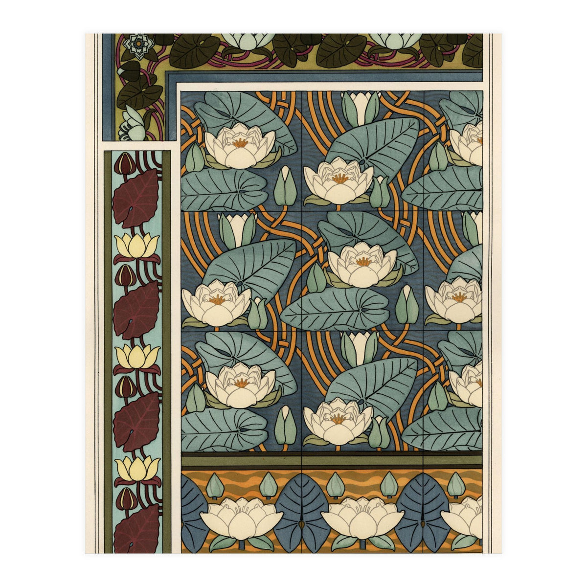 The water lily, Nelumbo lutea, in wallpaper and tile patterns. Lithograph by Verneuil. (Print Only)