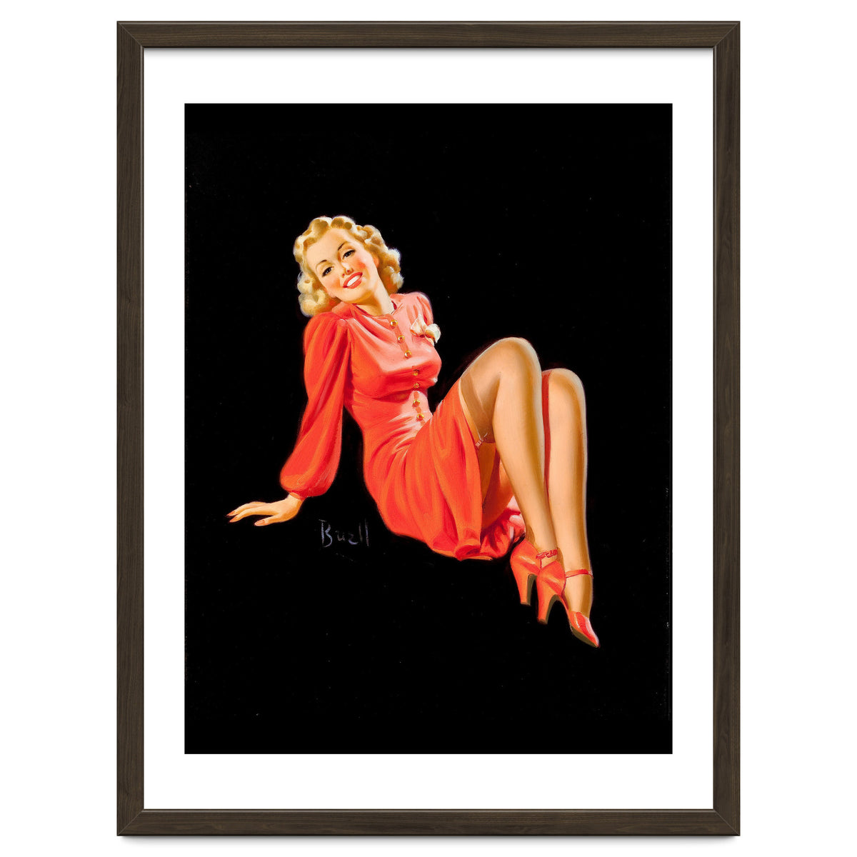 Smiling Pinup Woman Posing In Red Dress