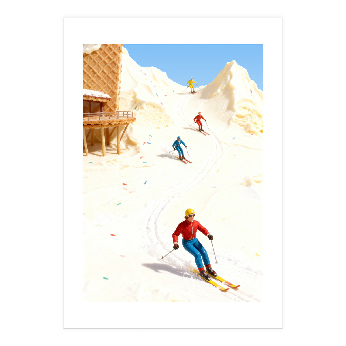 Skiing on Ice Cream Mountains, Miniature Skiers Winter Art Print for Kitchen Decor (Print Only)