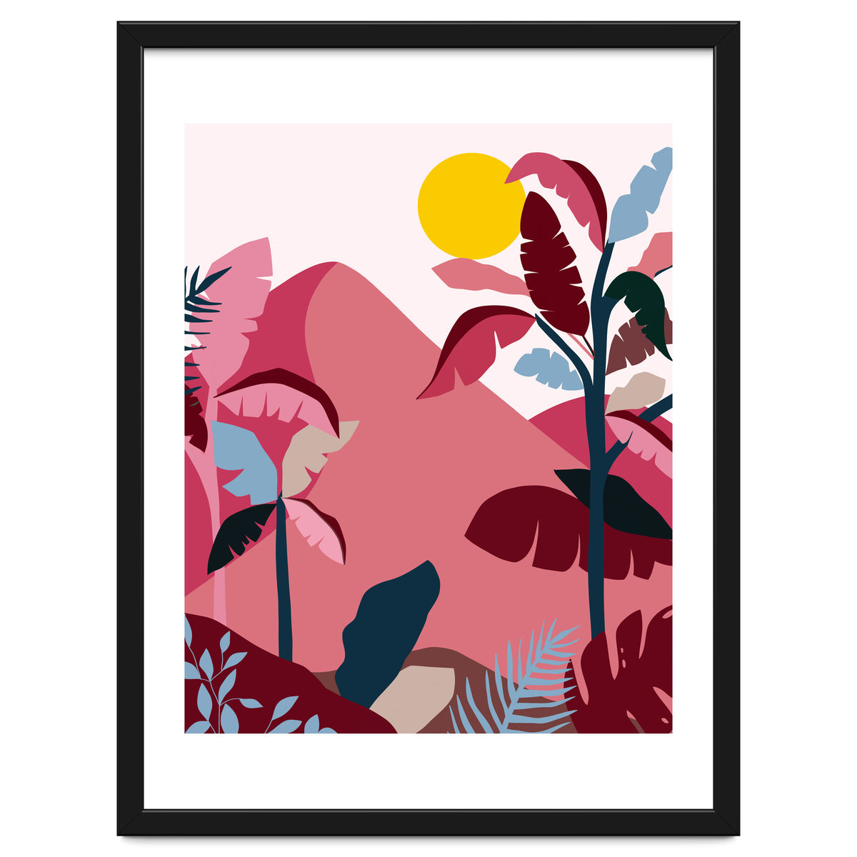 Tropical Sundowner, Pastel Jungle Botanical Nature, Summer Plants Palms Sunset, Mountain Landscape Travel Adventure