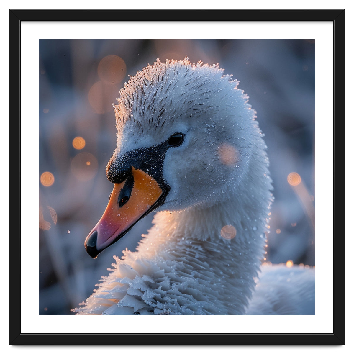 Close Up Frosty Swan Head During Golden Hour