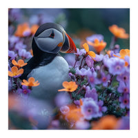 Puffin Bird Among Vibrant Purple And Orange Flowers (Print Only)