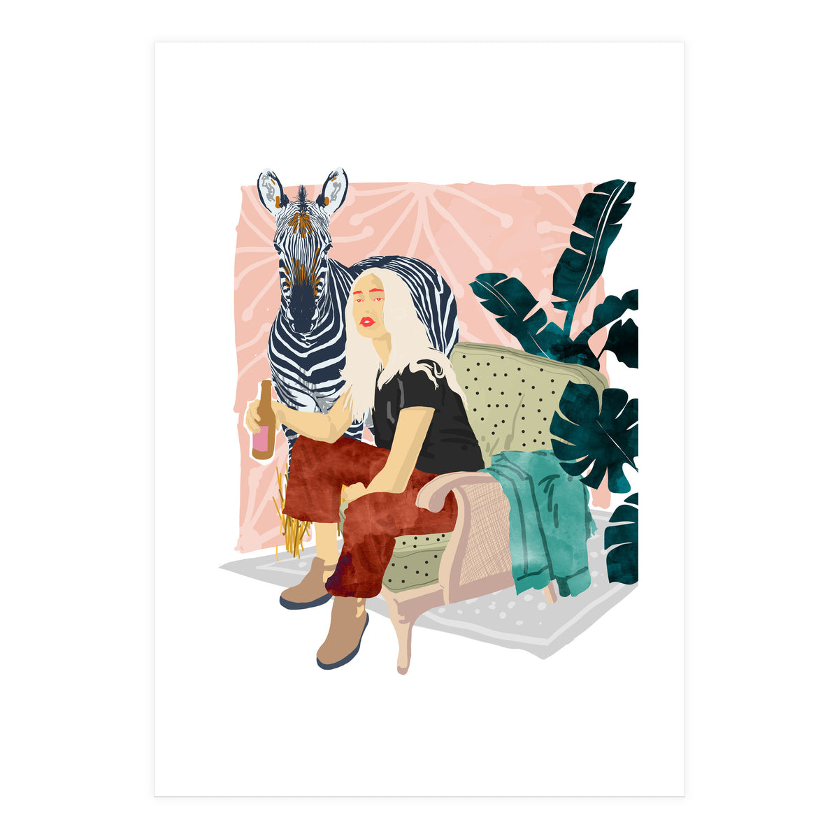 Zebra Hangout | Wildlife Urban Jungle Décor | Banana Leaves Monstera Plant Lady Fashion  (Print Only)