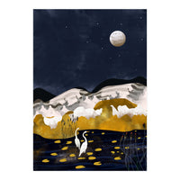 Midnight Lake, Stork Wildlife Animals Abstract Painting, Nature Landscape Travel Adventure Full Moon Night, Eclectic Gold Birds Magical Bohemian (Print Only)