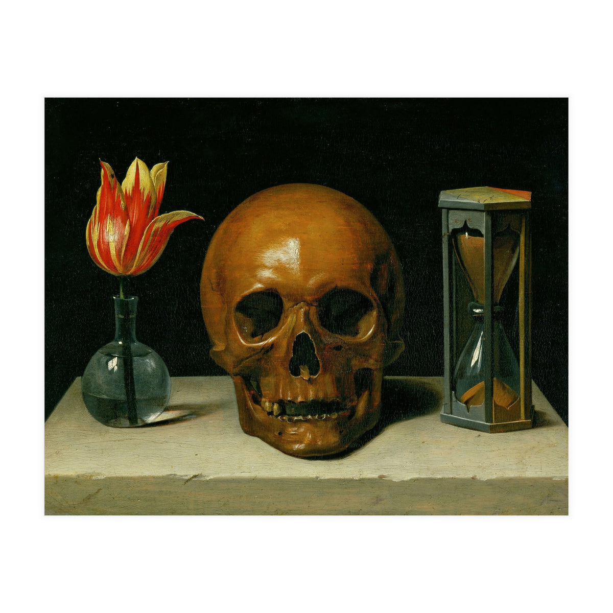Vanitas, allegory of fleeting time with skull and hour-glass. Oil on canvas. (Print Only)