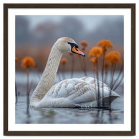 White Swan Swimming In A Lake With Reeds