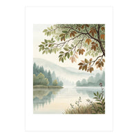 Tranquil Lakeside Forest Watercolor Painting with Overhanging Autumn Branches and Misty Mountain Reflection (Print Only)